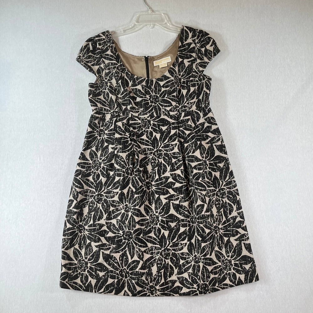 Michael Kors Sheath Dress 8 Linen Floral Print Cap Sleeve Black Tan